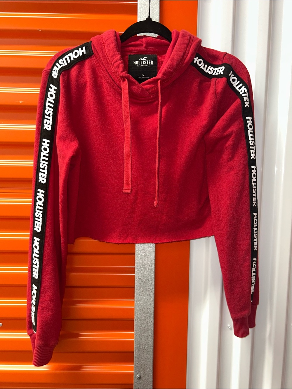 Hollister Red Cropped Hoodie with Black Logo Sleeve Tape M
